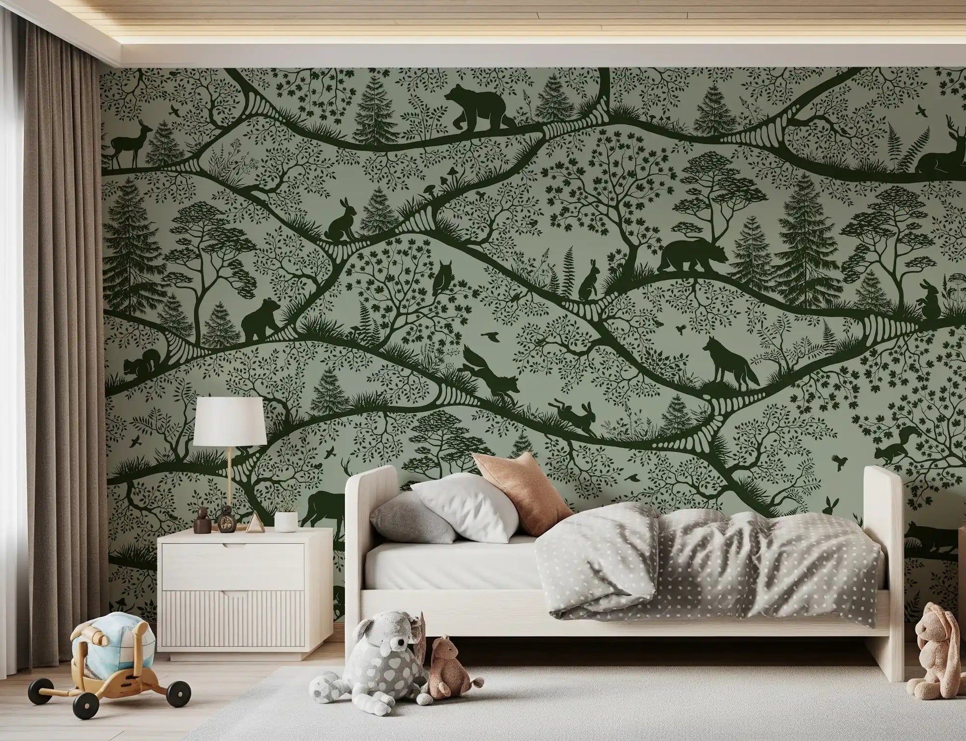 Nordic Nature Green Wall Mural with layered tree branches, GD9188