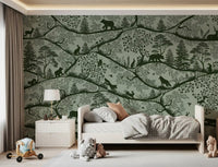Nordic Nature Green Wall Mural with layered tree branches, GD9188