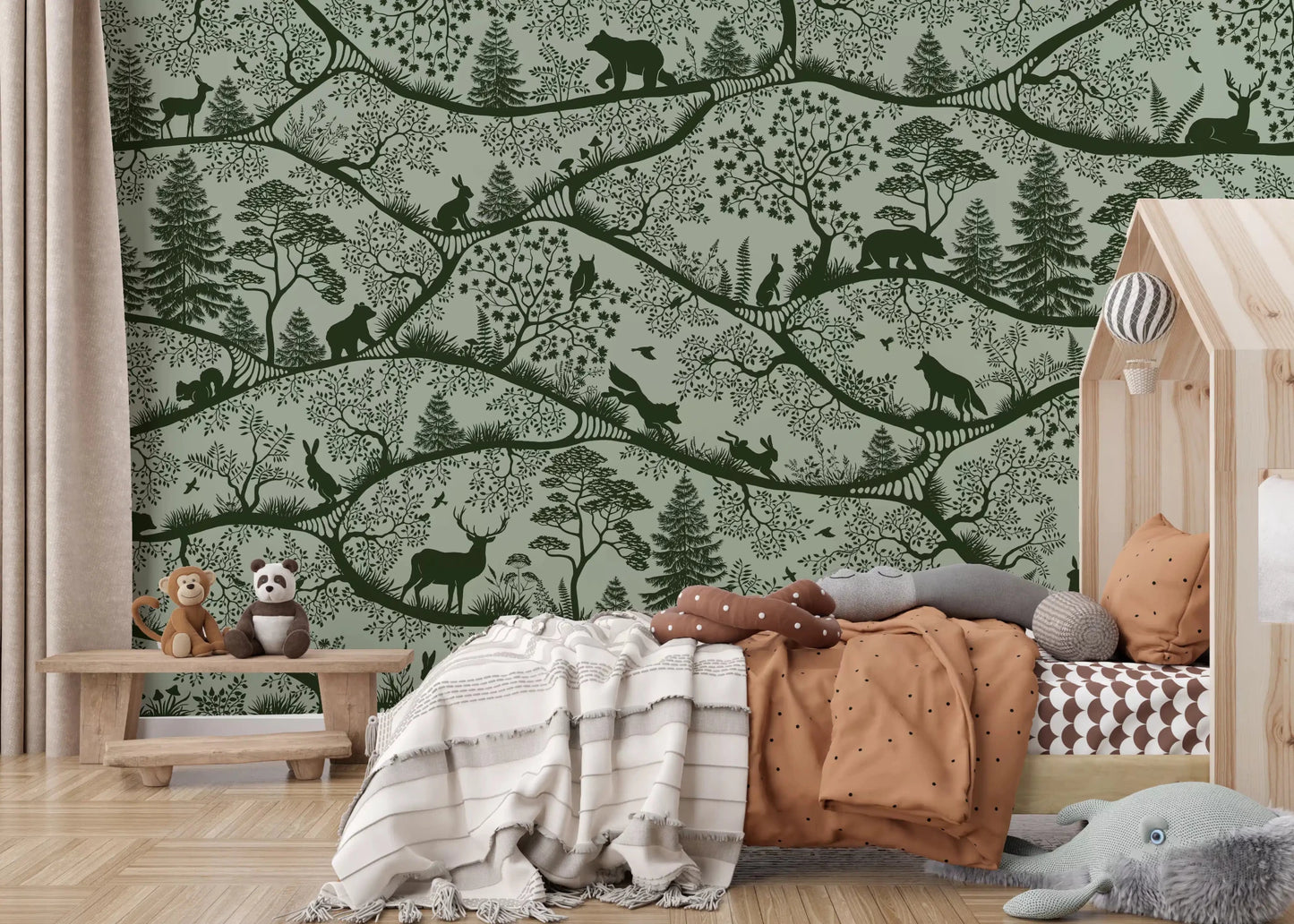 Woodland Wall Mural in Nordic Nature Green silhouette design, GD9188