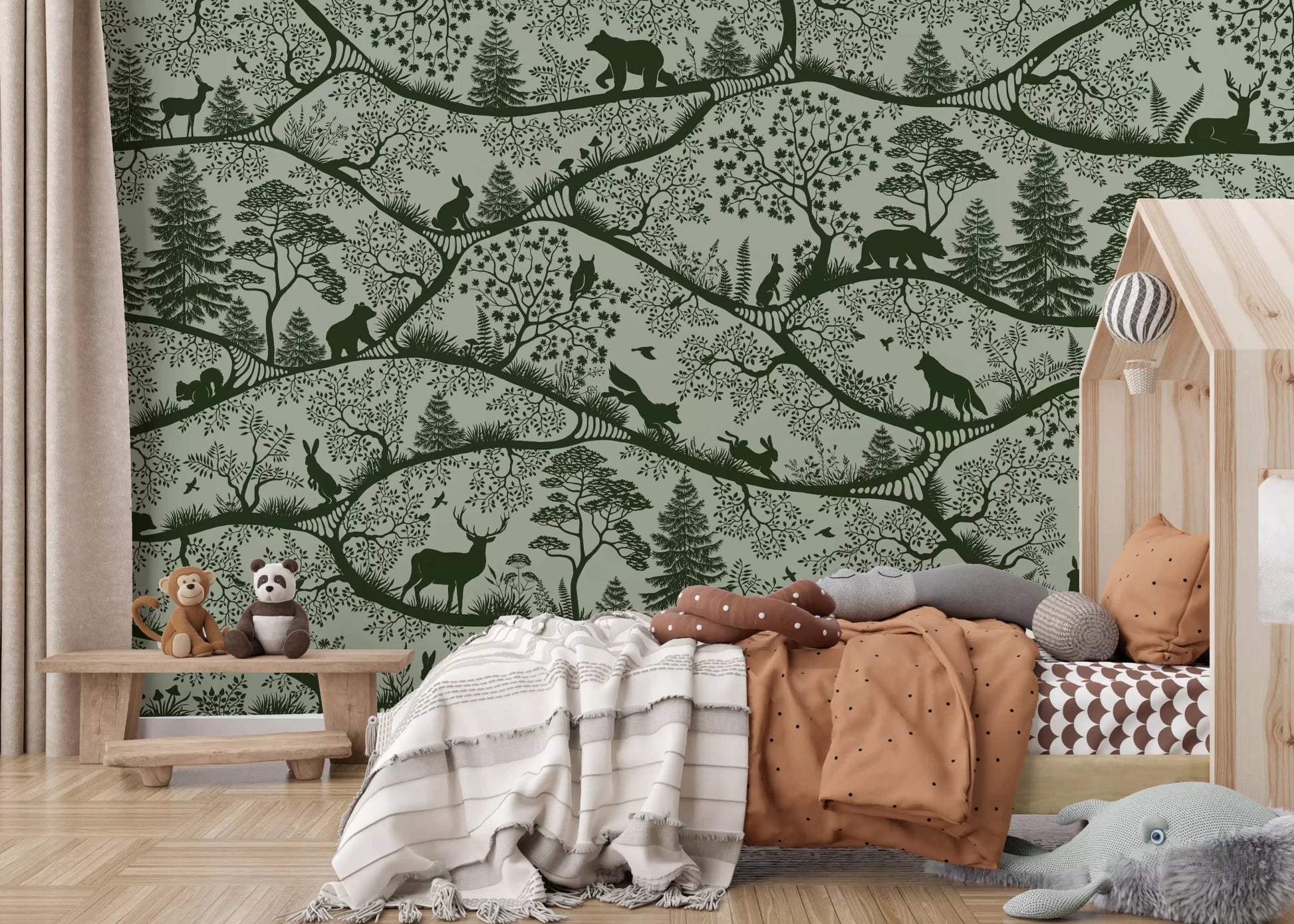 Woodland Wall Mural in Nordic Nature Green silhouette design, GD9188