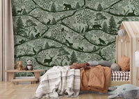 Woodland Wall Mural in Nordic Nature Green silhouette design, GD9188