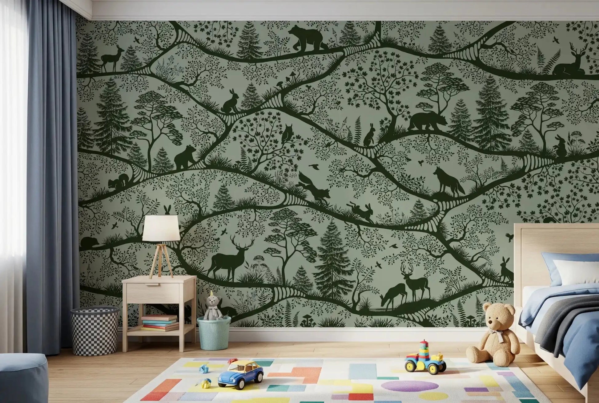Nordic Nature Green Wall Mural with animals and foliage, GD9188