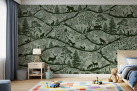 Nordic Nature Green Wall Mural with animals and foliage, GD9188