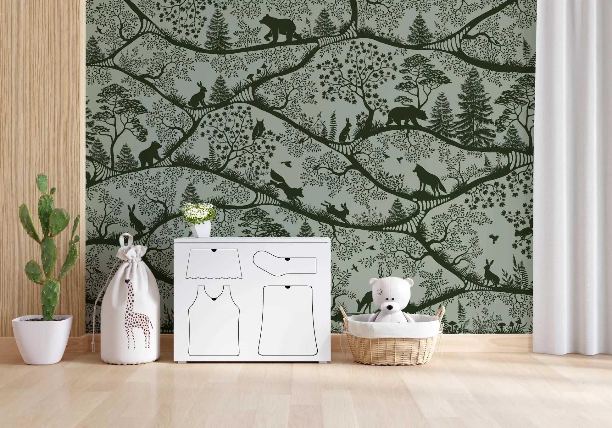 Hallway showing Nordic Nature Green Animal Wall Mural pattern, GD9188