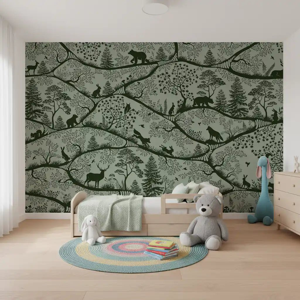Forest pattern Wall Mural in Nordic Nature Green style, GD9188