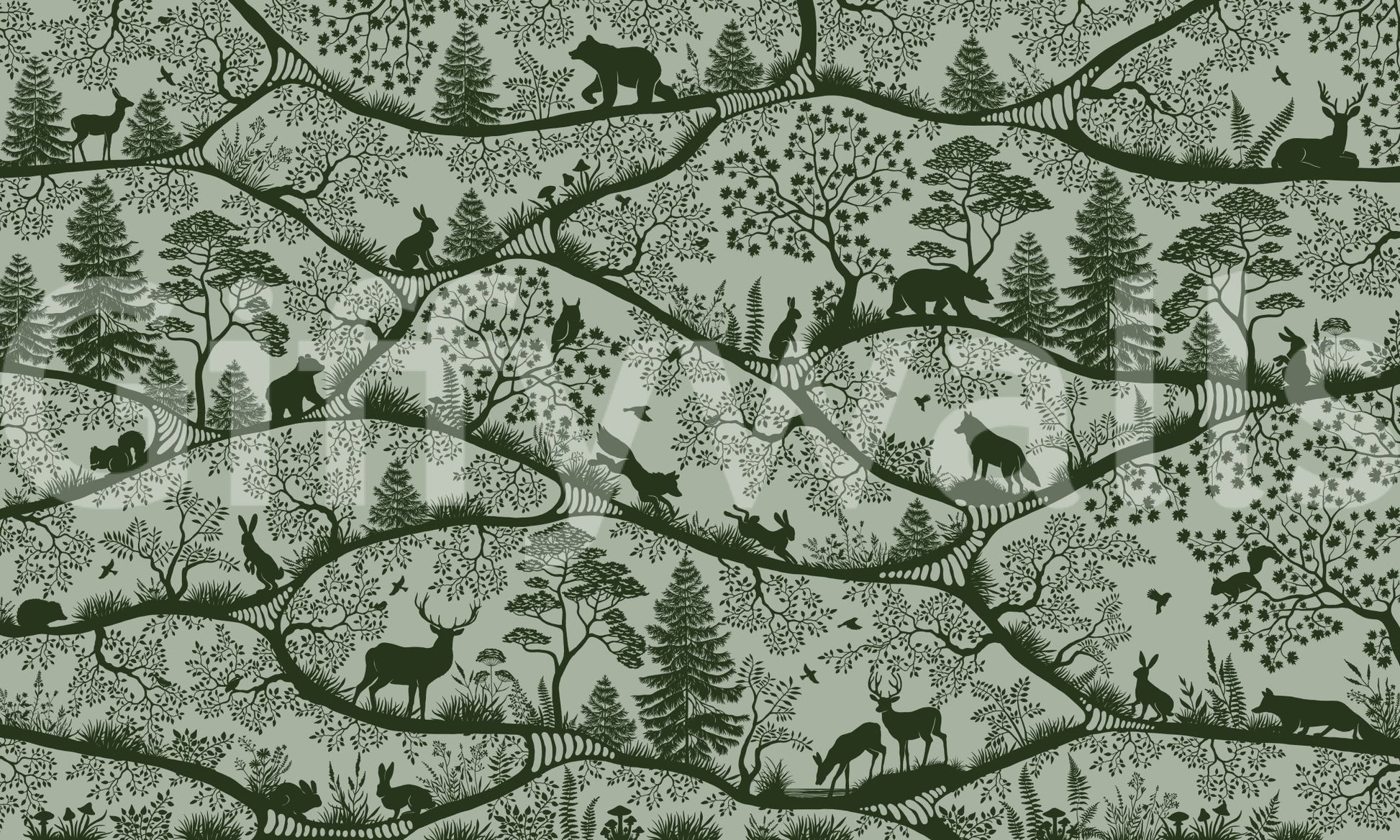 Nordic Nature Green Wall Mural with dense forest detailing, GD9188