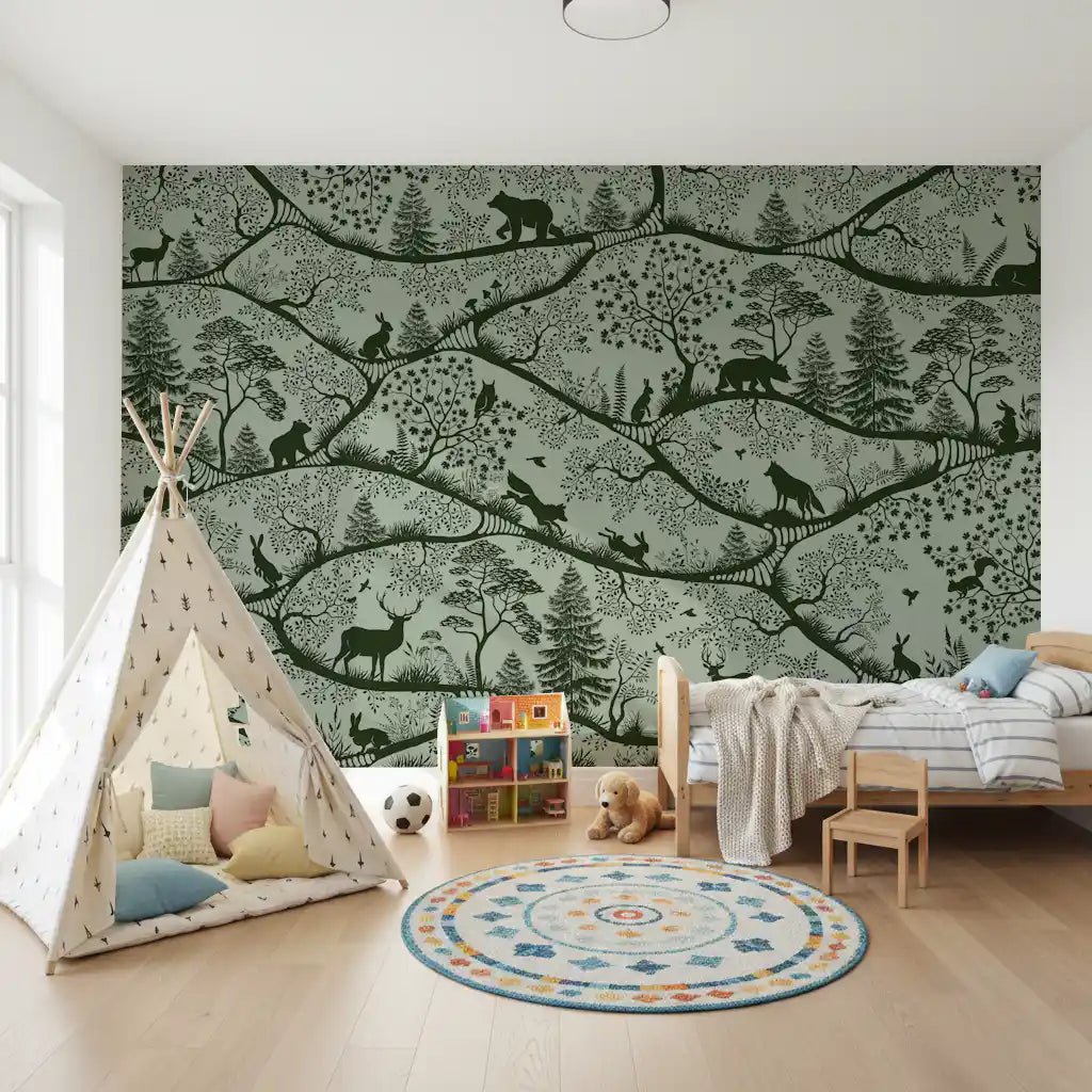 Nordic Nature Green Wall Mural with deer and bear silhouettes, GD9188
