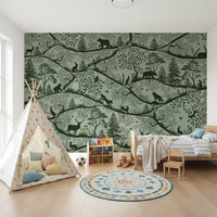 Nordic Nature Green Wall Mural with deer and bear silhouettes, GD9188