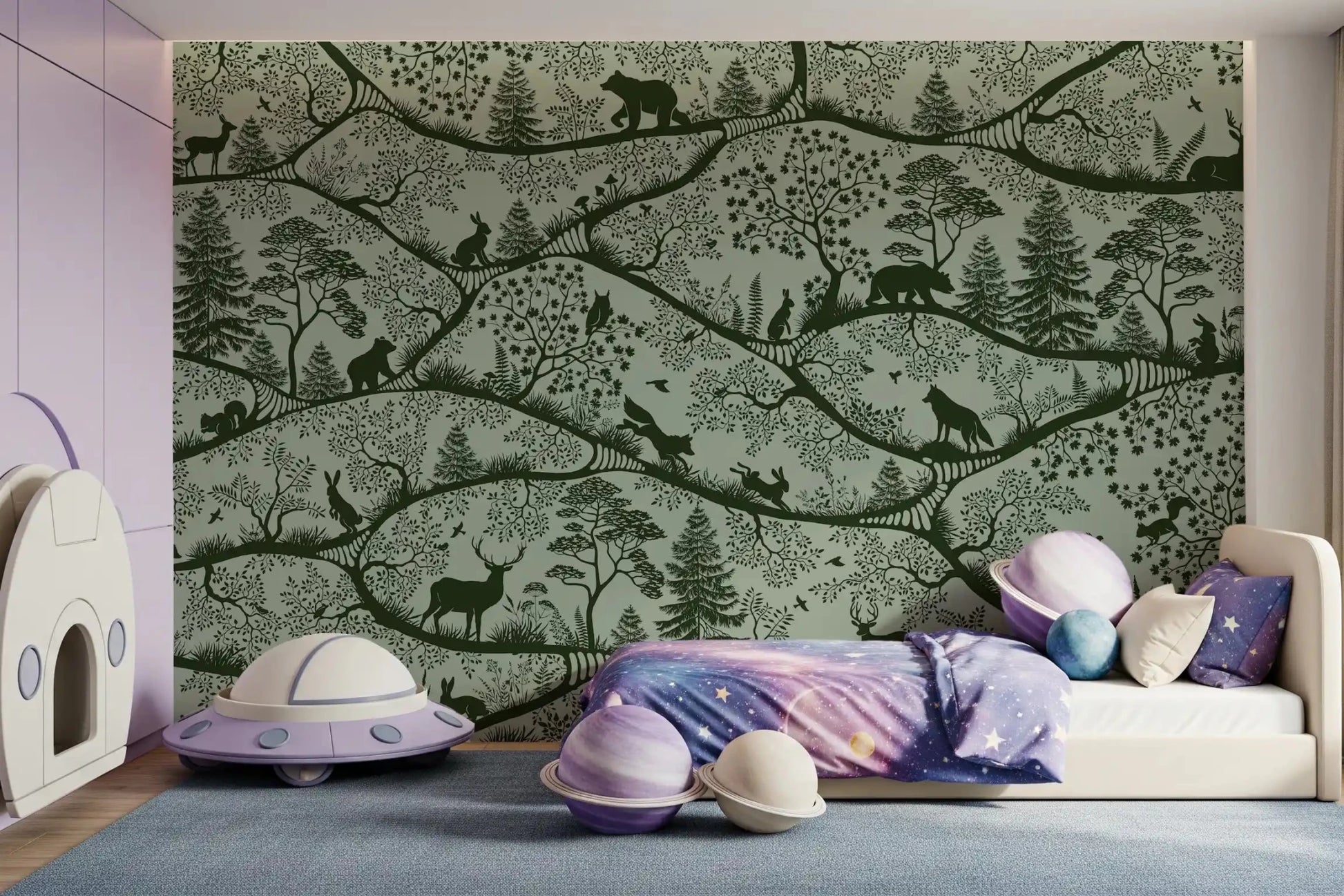 Bedroom styled in Nordic Nature Forest Wall Mural green design, GD9188
