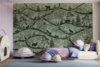 Bedroom styled in Nordic Nature Forest Wall Mural green design, GD9188