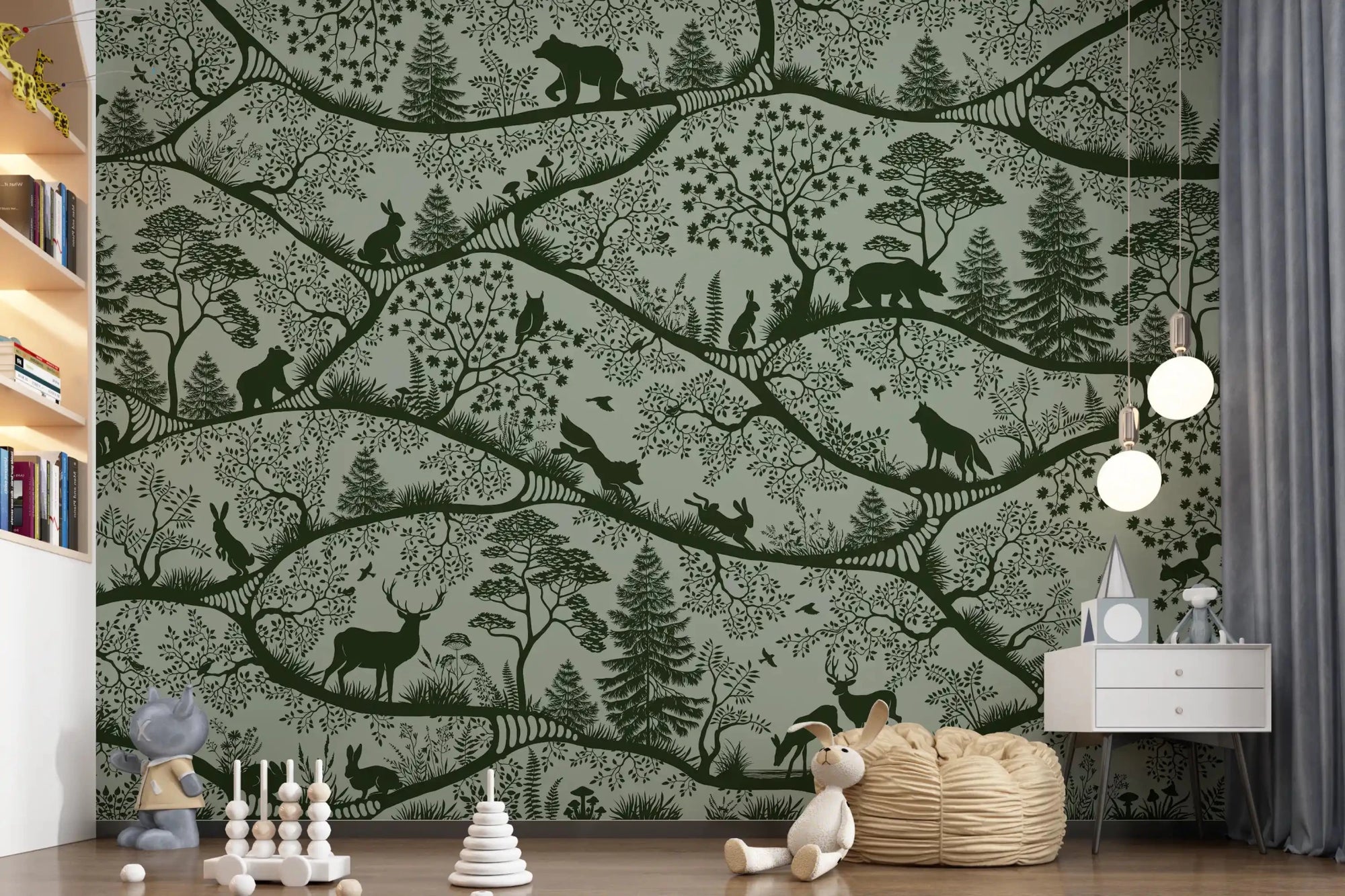 Play room with Nordic Nature Green Wall Mural forest silhouettes, GD9188