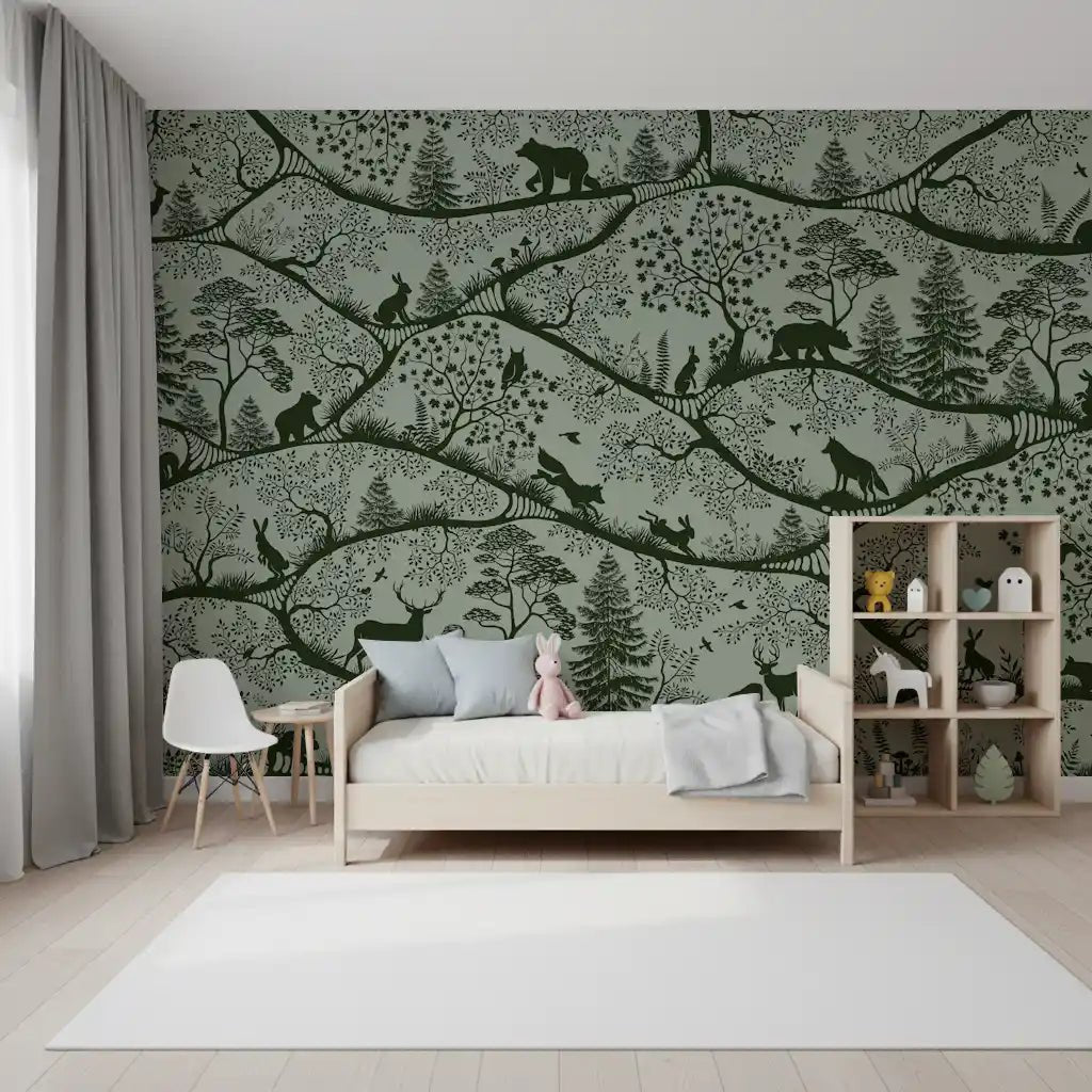 Office room with Nordic Nature Green Wall Mural tree branches, GD9188