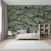 Office room with Nordic Nature Green Wall Mural tree branches, GD9188
