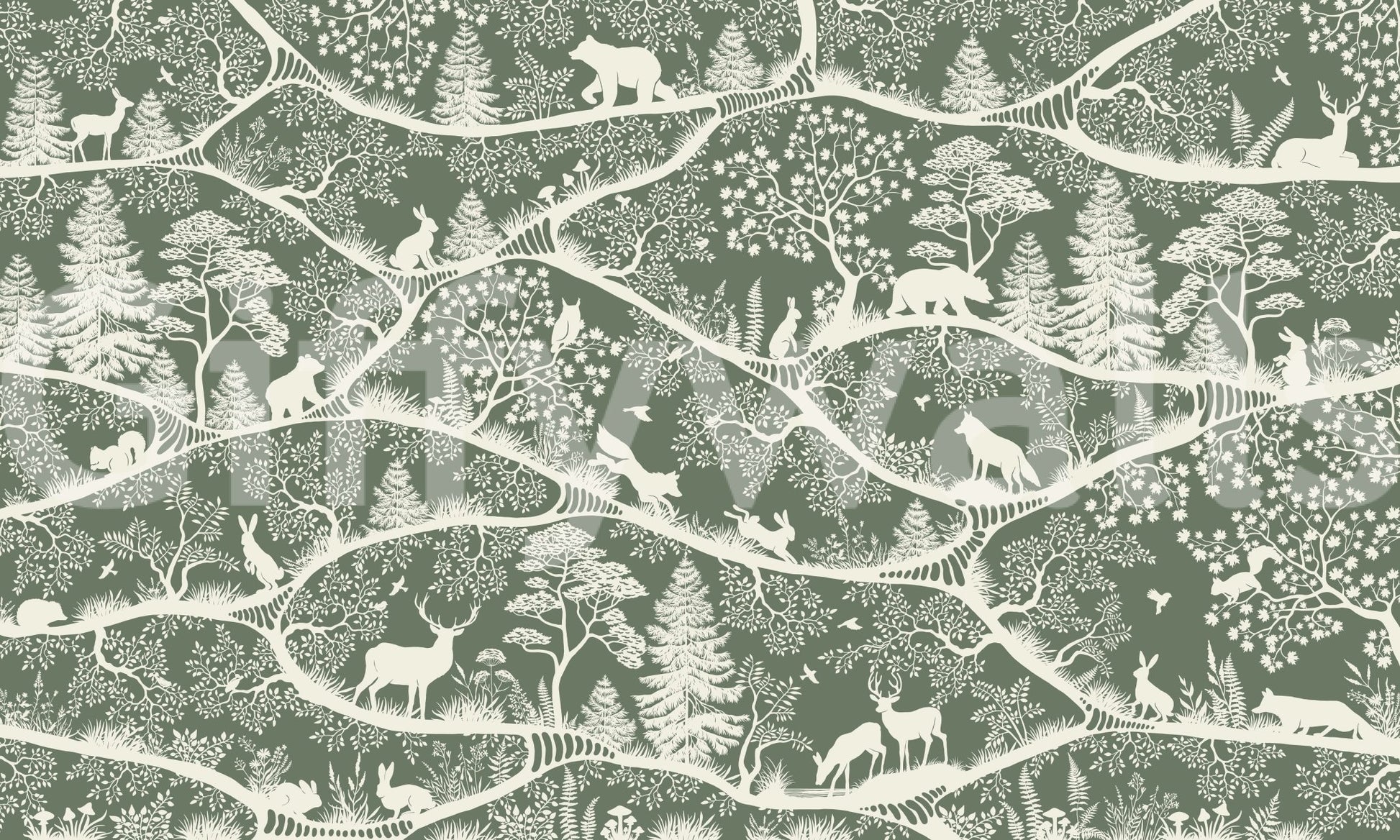 Calm woodland scene in Nordic Nature Green White Wall Mural, GD9194