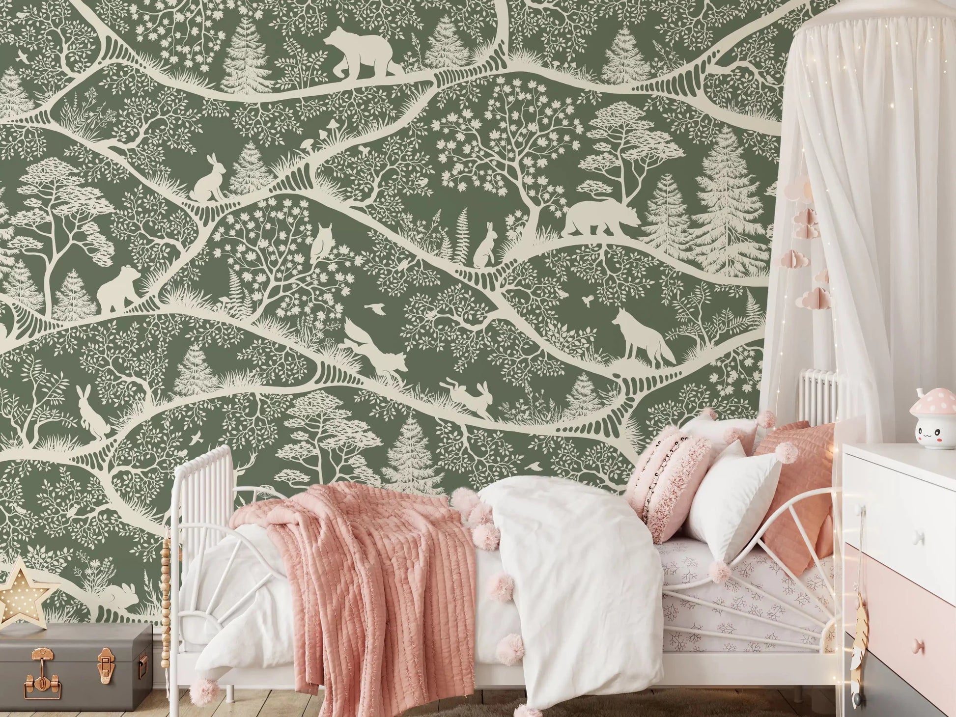 Girls room with Nordic Nature Green White Wall Mural tree silhouettes, GD9194