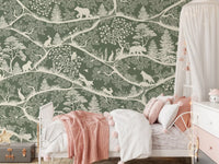 Girls room with Nordic Nature Green White Wall Mural tree silhouettes, GD9194