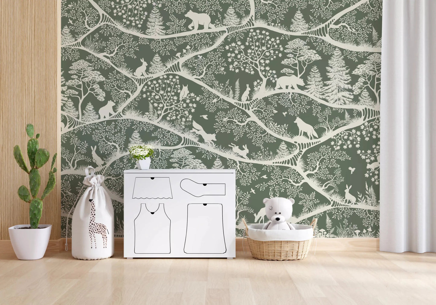 Hallway wall with Nordic Nature Green White Wall Mural animal pattern, GD9194