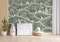 Hallway wall with Nordic Nature Green White Wall Mural animal pattern, GD9194