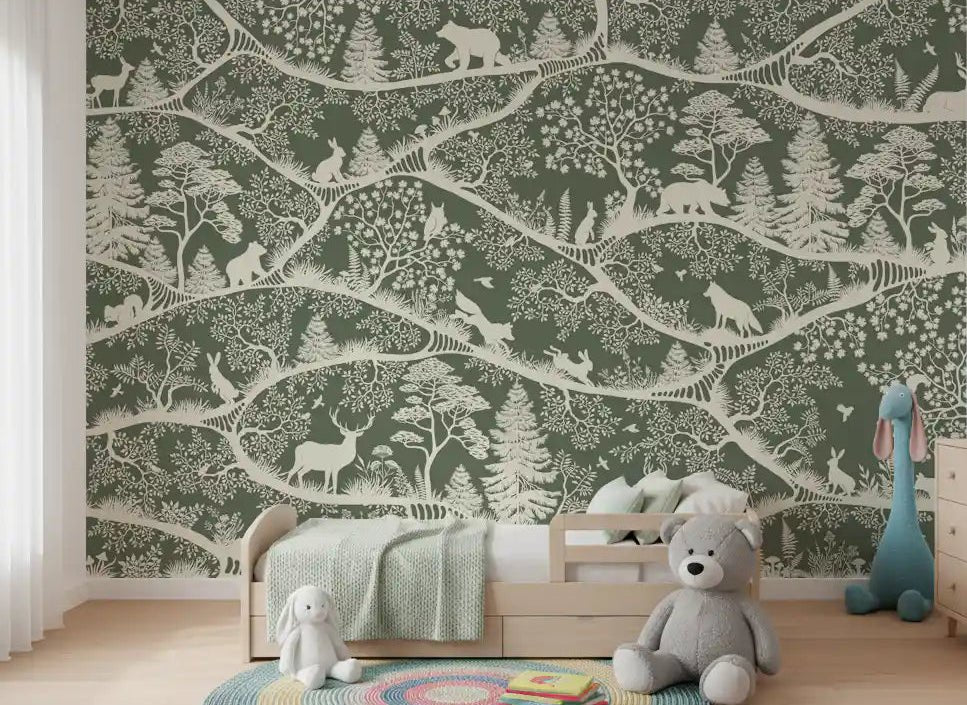 Bedroom featuring Nordic Nature Green White Wall Mural forest layout