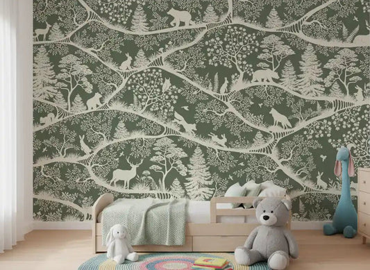 Bedroom featuring Nordic Nature Green White Wall Mural forest layout