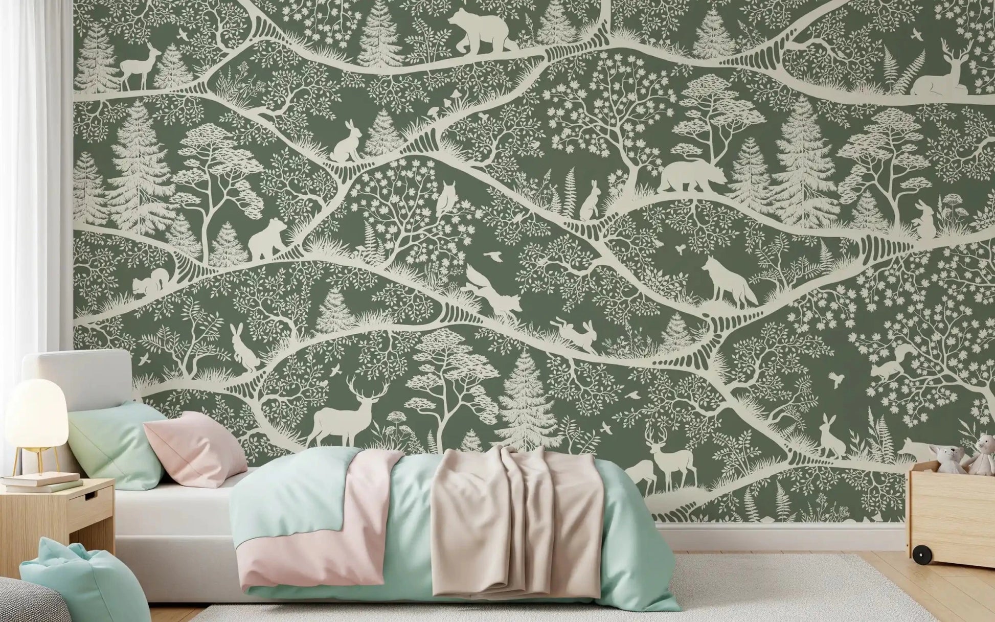 Bedroom styled using Nordic Nature Green White Wall Mural branches, GD9194
