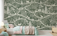 Bedroom styled using Nordic Nature Green White Wall Mural branches, GD9194
