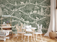Nordic Nature Green White Wall Mural with detailed foliage forms, GD9194