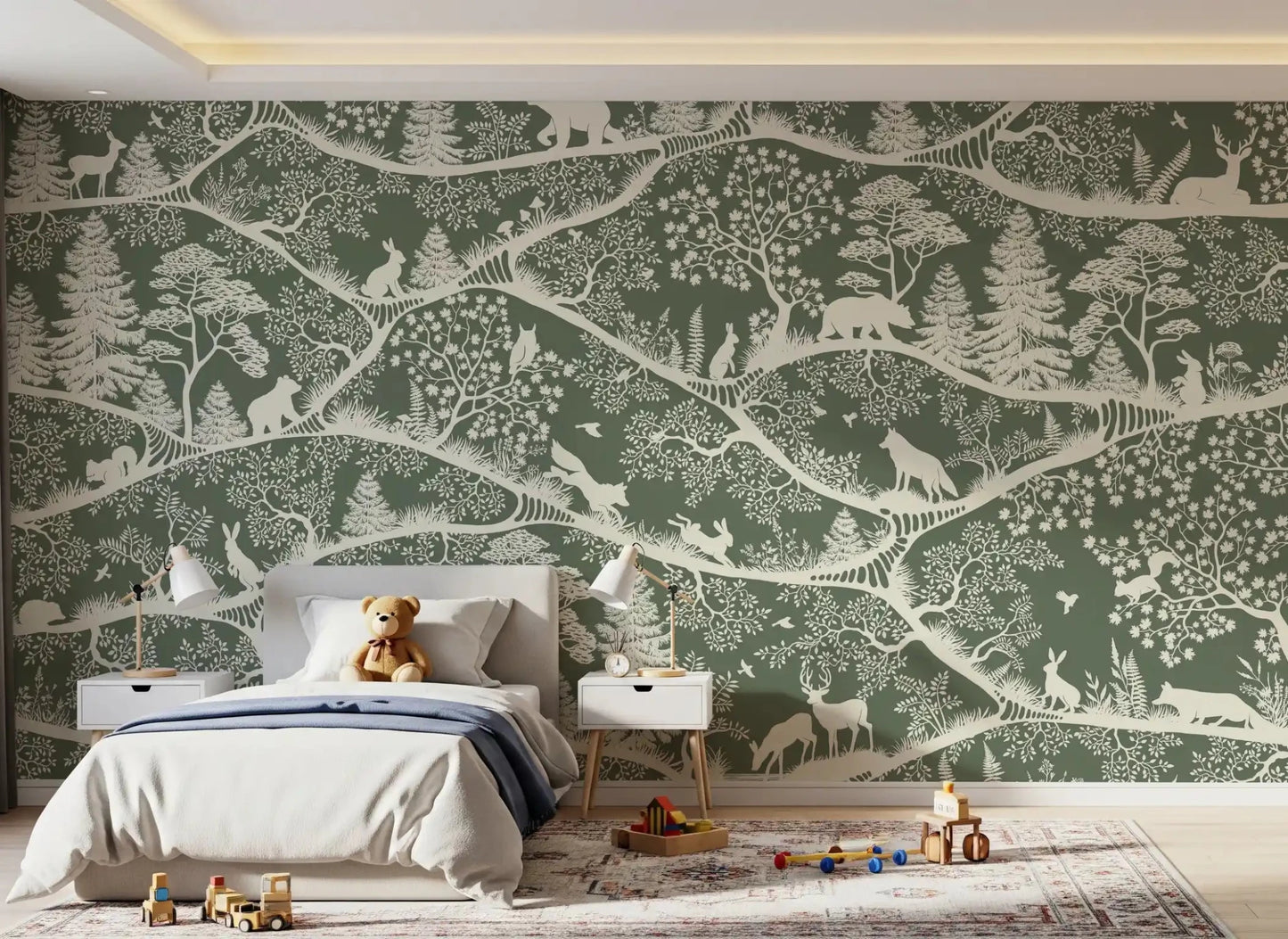 Nordic Nature Green White Wall Mural with deer and woodland shapes, GD9194