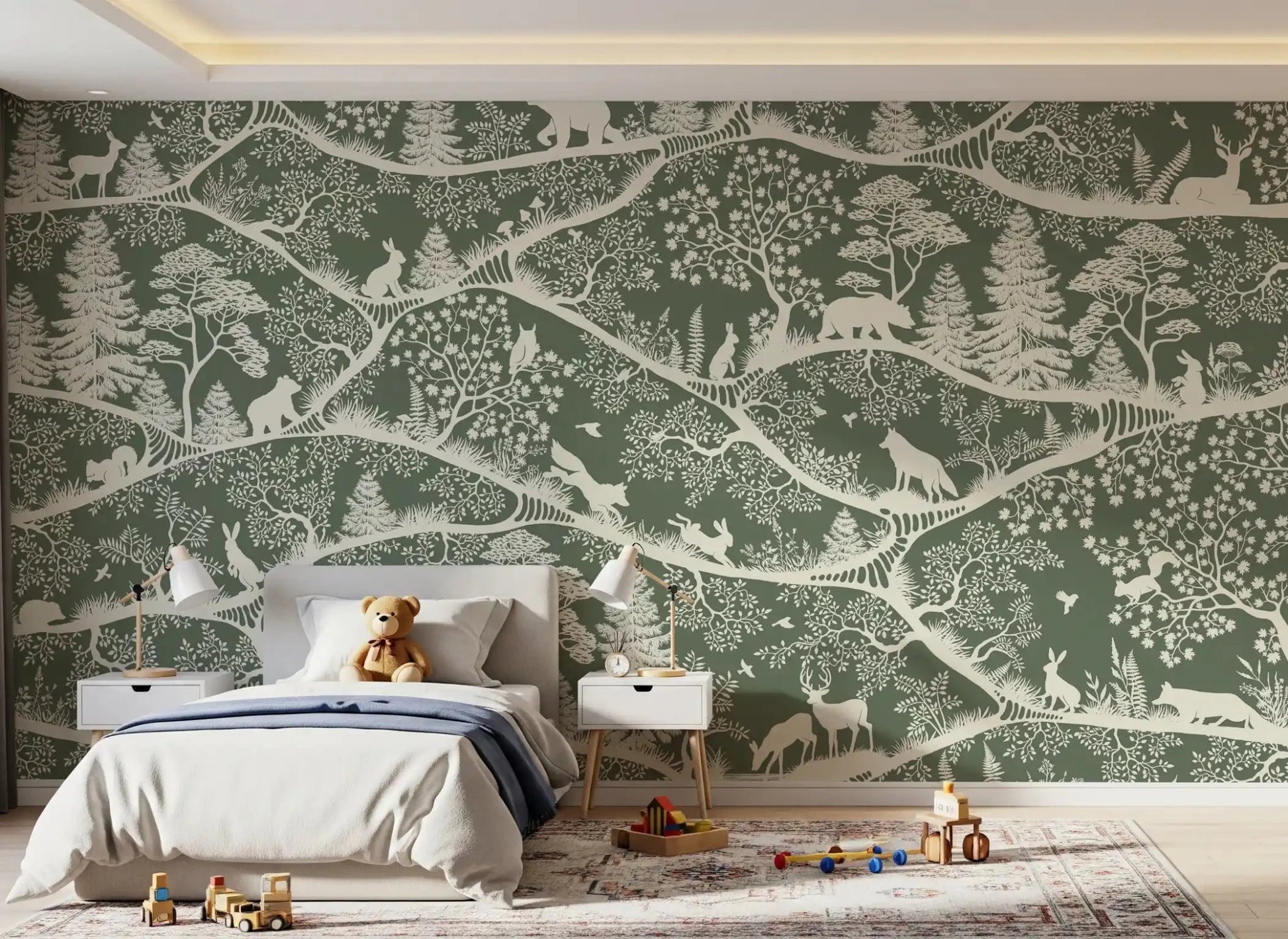 Nordic Nature Green White Wall Mural with deer and woodland shapes, GD9194