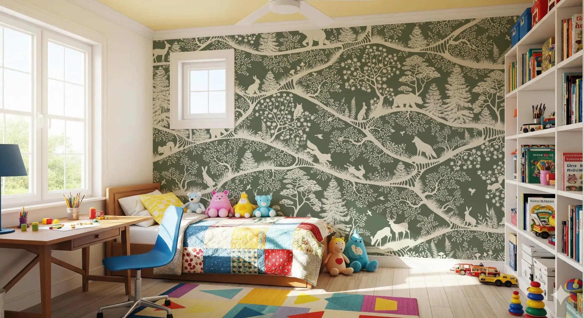White animal figures in Nordic Nature Green White Wall Mural design, GD9194