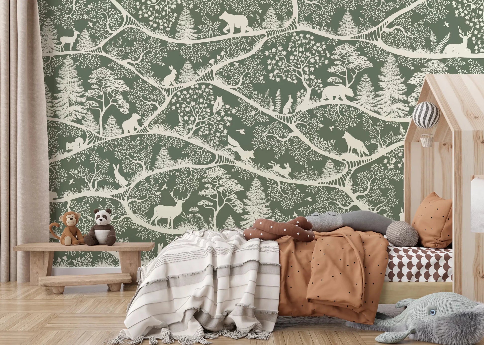 Branch network across Nordic Nature Green White Wall Mural pattern, GD9194