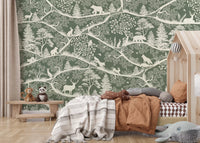 Branch network across Nordic Nature Green White Wall Mural pattern, GD9194
