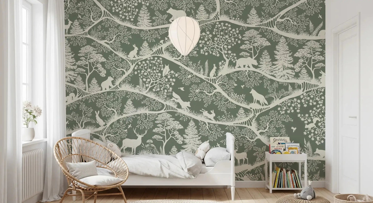 Natural forest flow in Nordic Nature Green White Wall Mural layout, GD9194