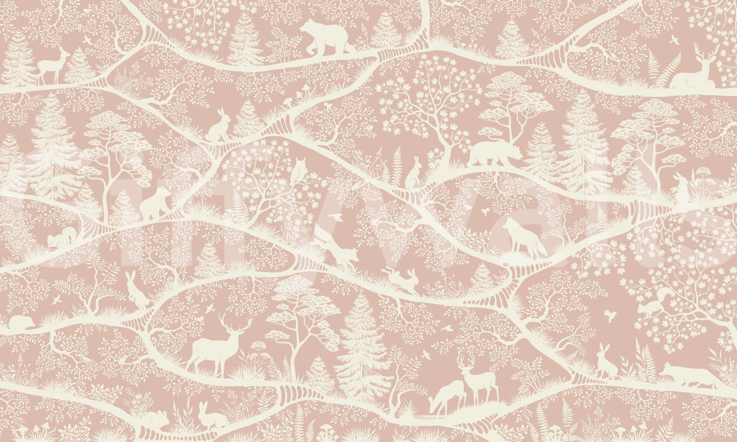 Nordic Nature Pink White Wall Mural with detailed foliage lines, GD9195