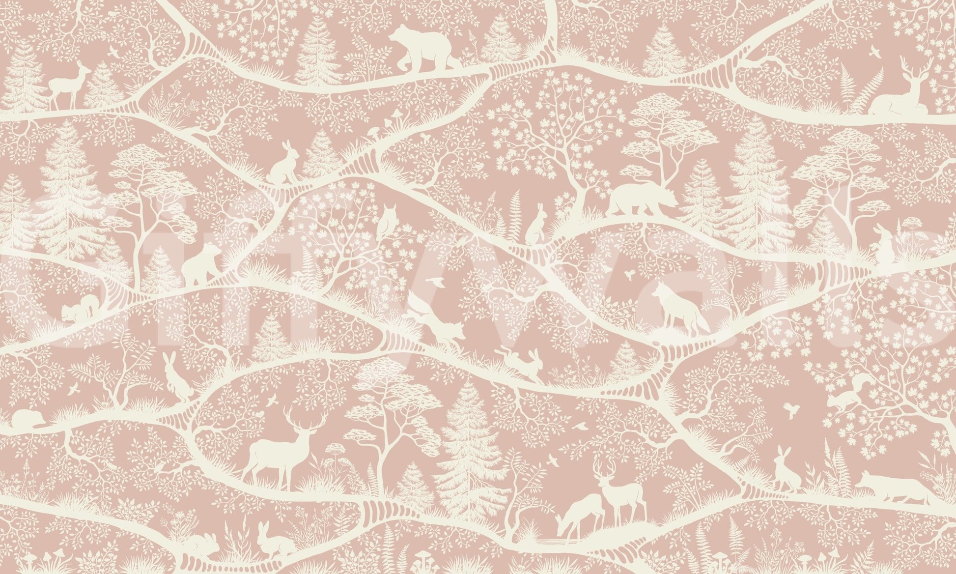Nordic Nature Pink White Wall Mural with detailed foliage lines, GD9195