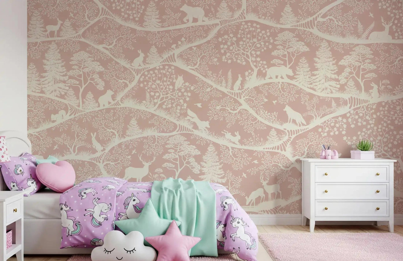 Bedroom set with Nordic Nature Pink White Wall Mural woodlandGD9195
