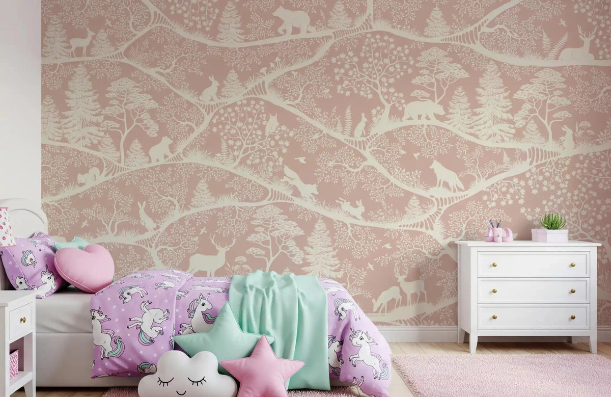 Bedroom set with Nordic Nature Pink White Wall Mural woodlandGD9195