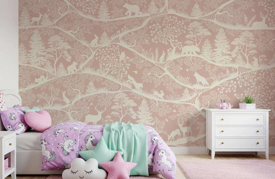 Bedroom set with Nordic Nature Pink White Wall Mural woodlandGD9195