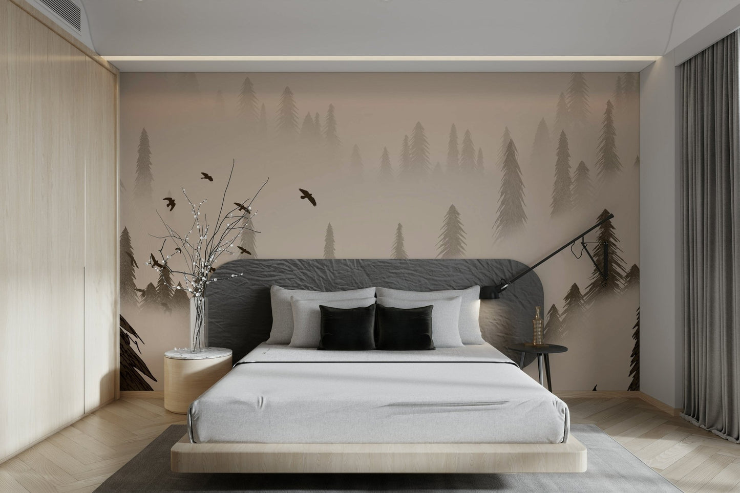 Birds in flight on sepia forest wallpaper