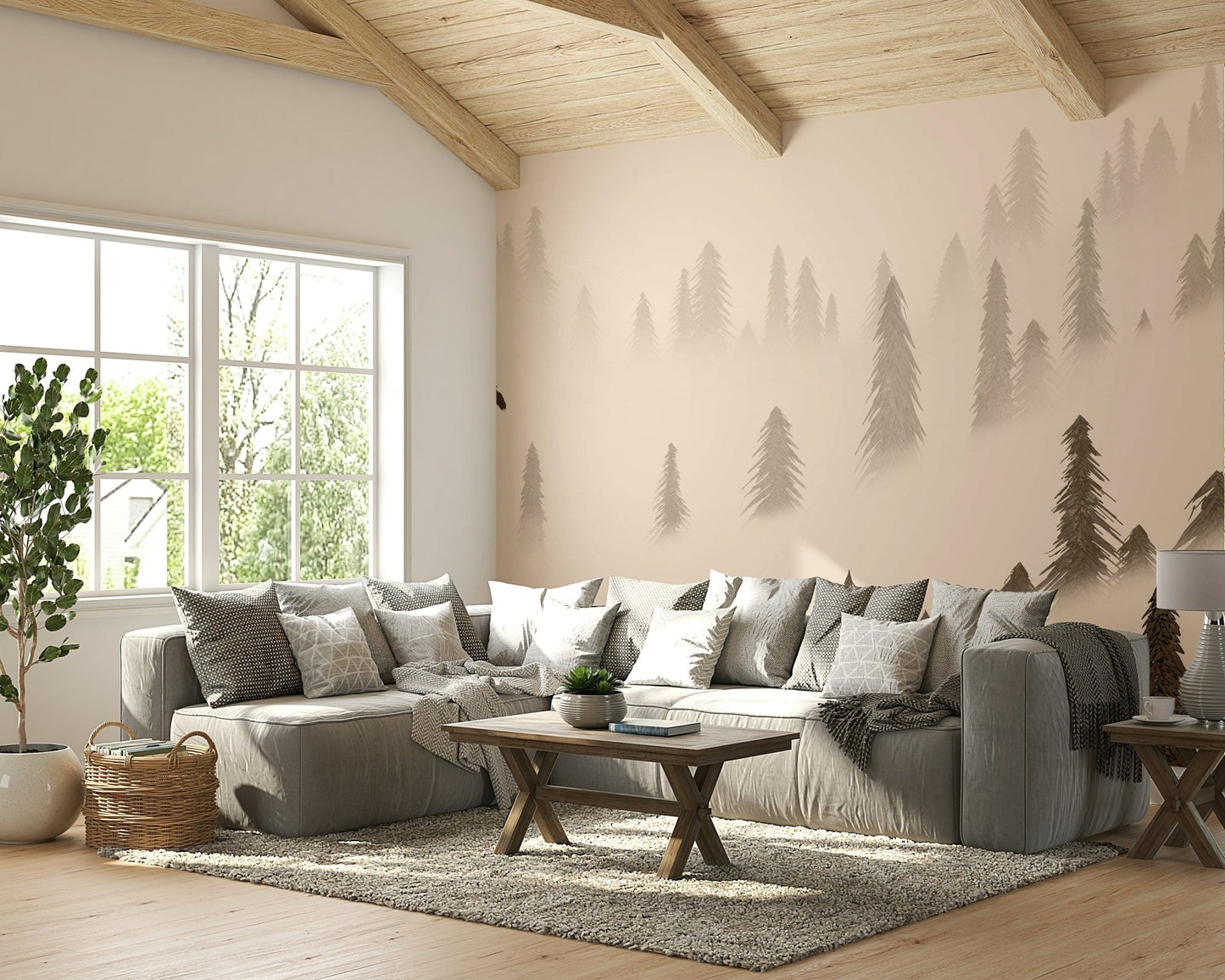 Misty pine forest wall mural in sepia tones

