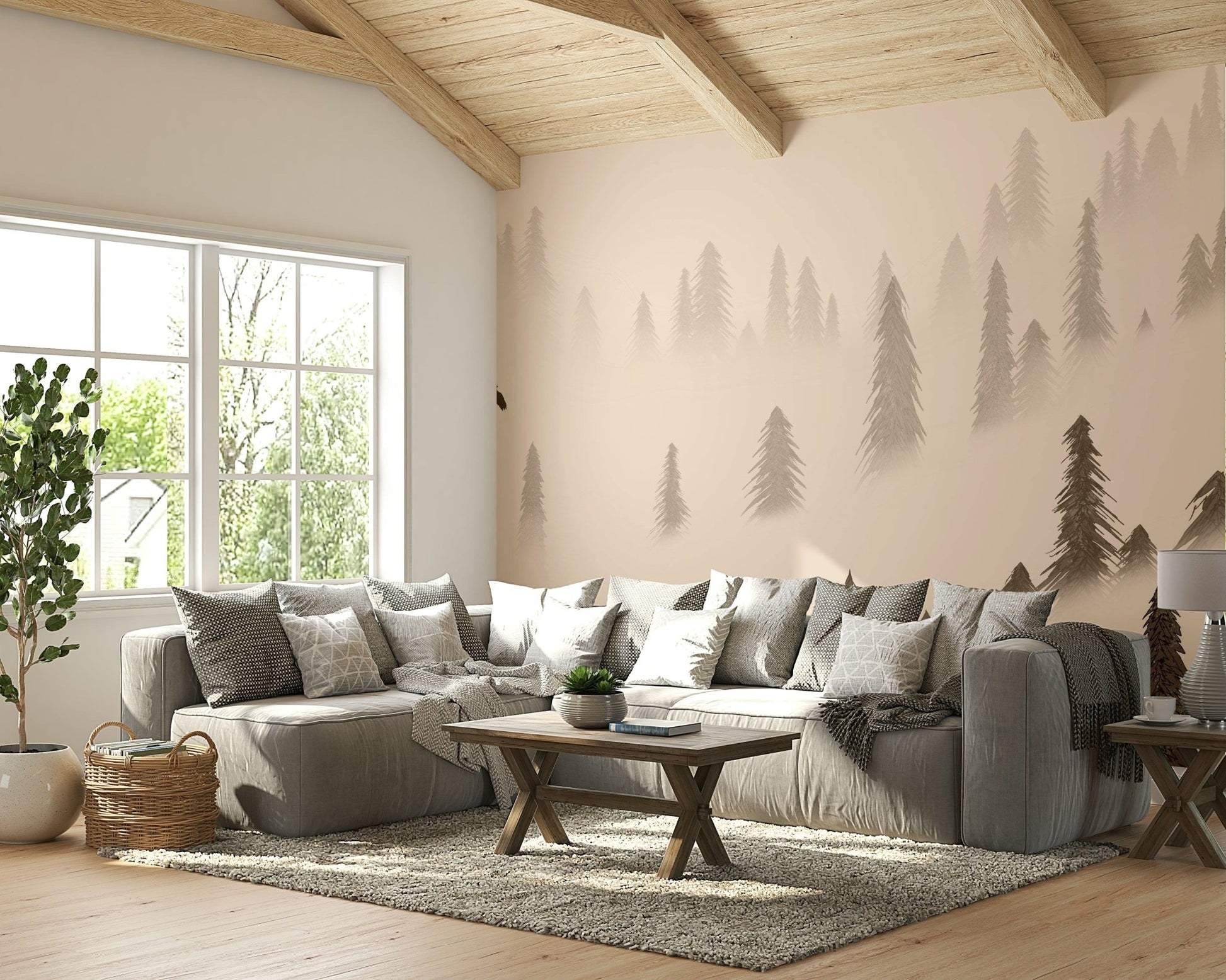 Misty pine forest wall mural in sepia tones

