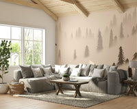 Misty pine forest wall mural in sepia tones

