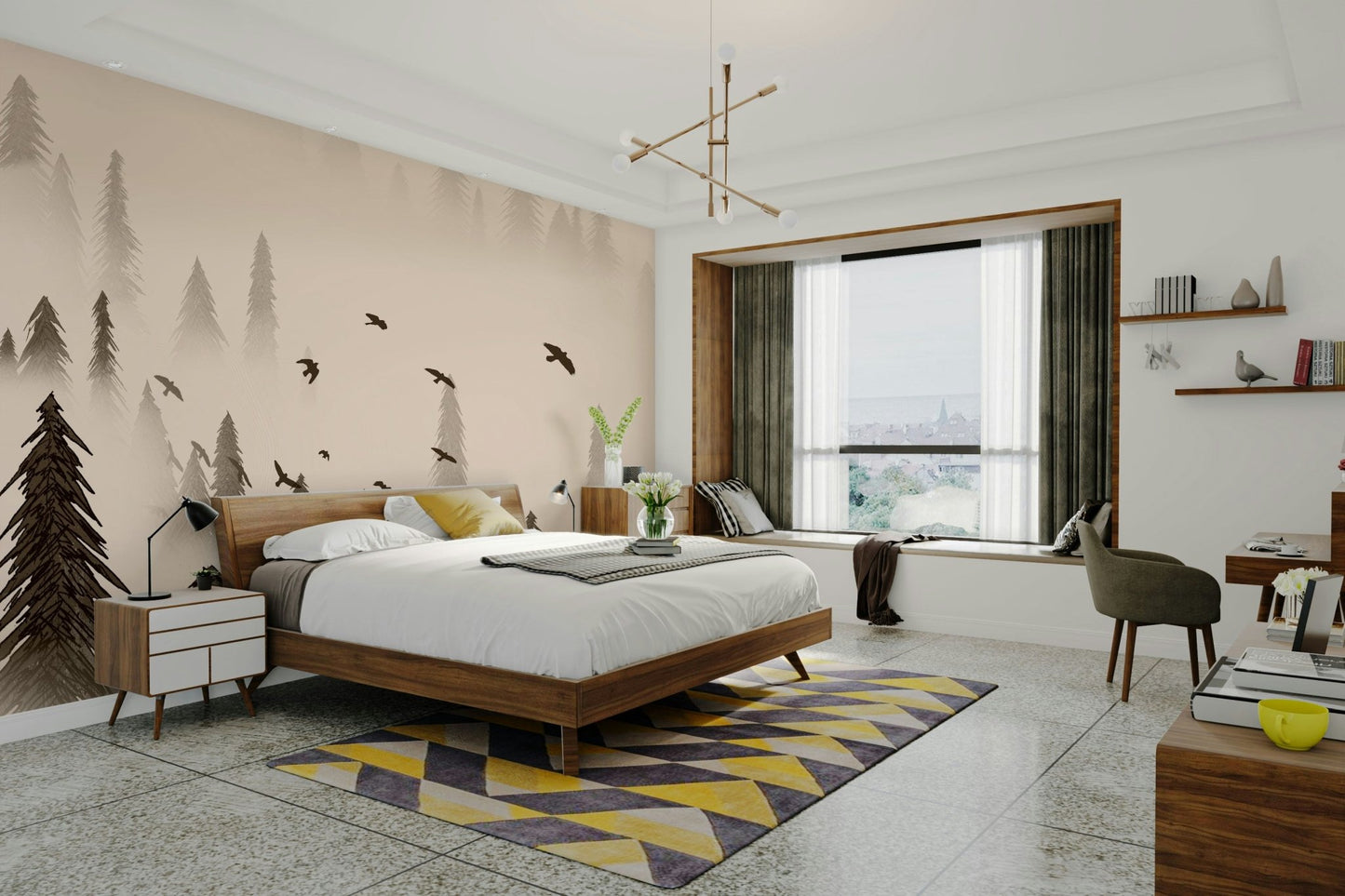Sepia forest mural with tall pine silhouettes
