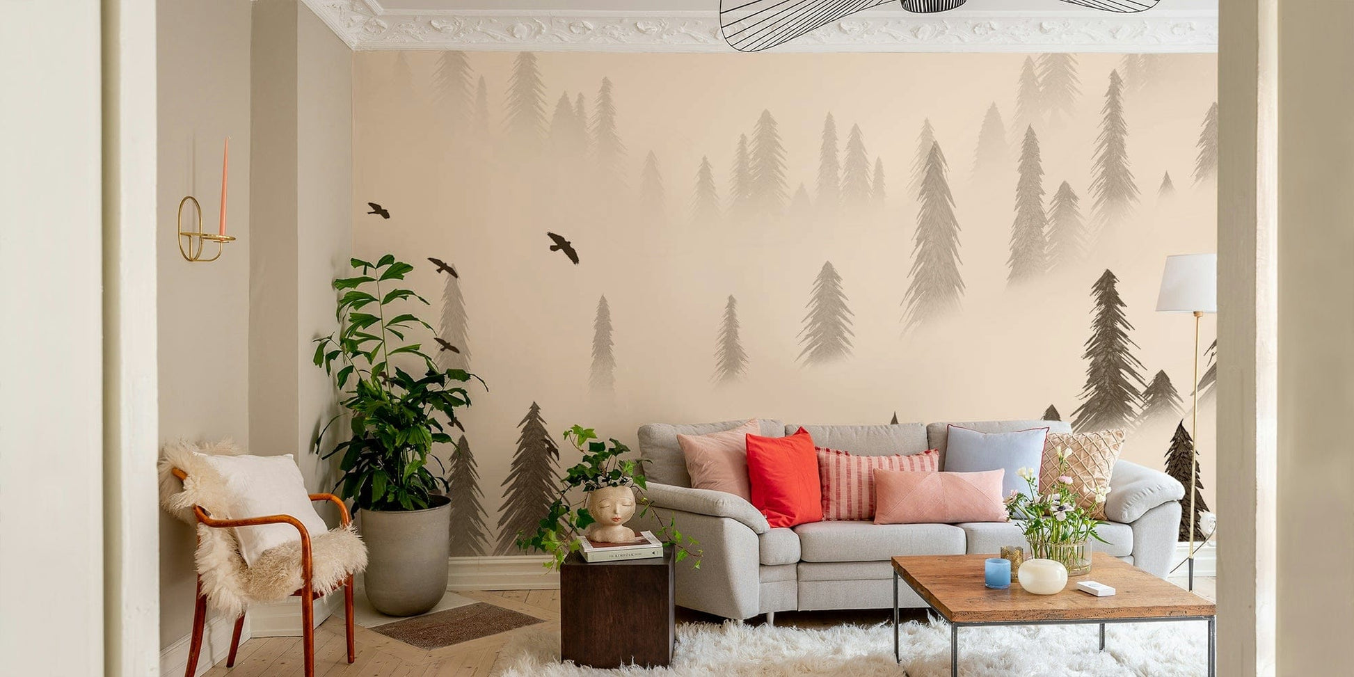 Sepia pine tree wallpaper with mountain mist