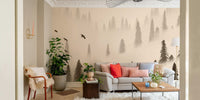 Sepia pine tree wallpaper with mountain mist