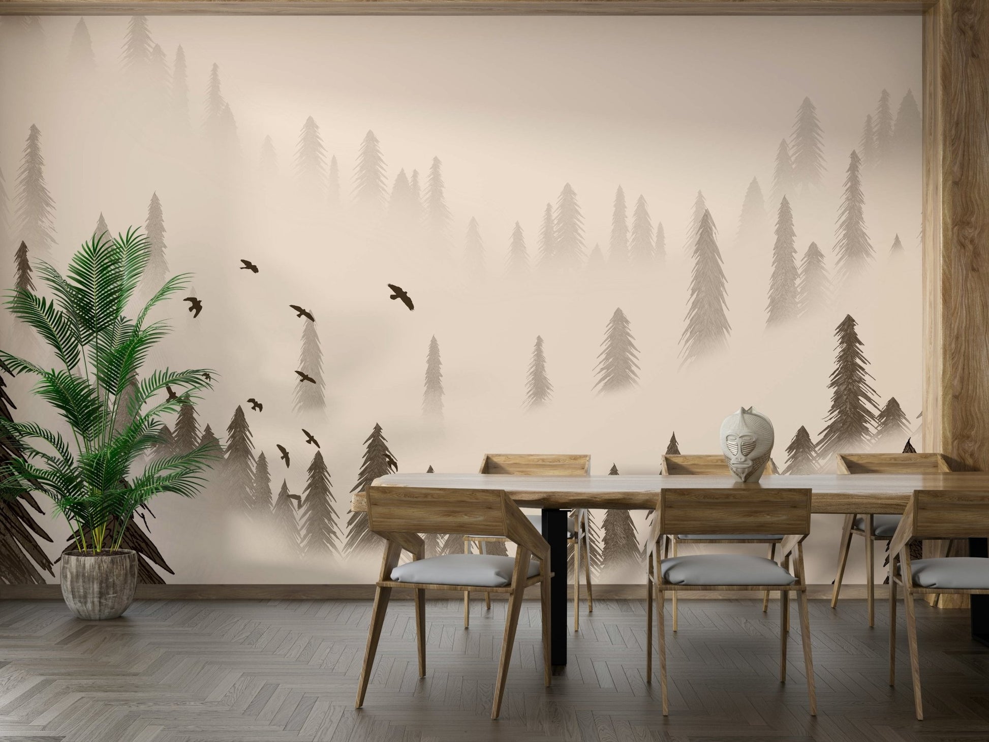 Calm pine forest wallpaper in sepia shades