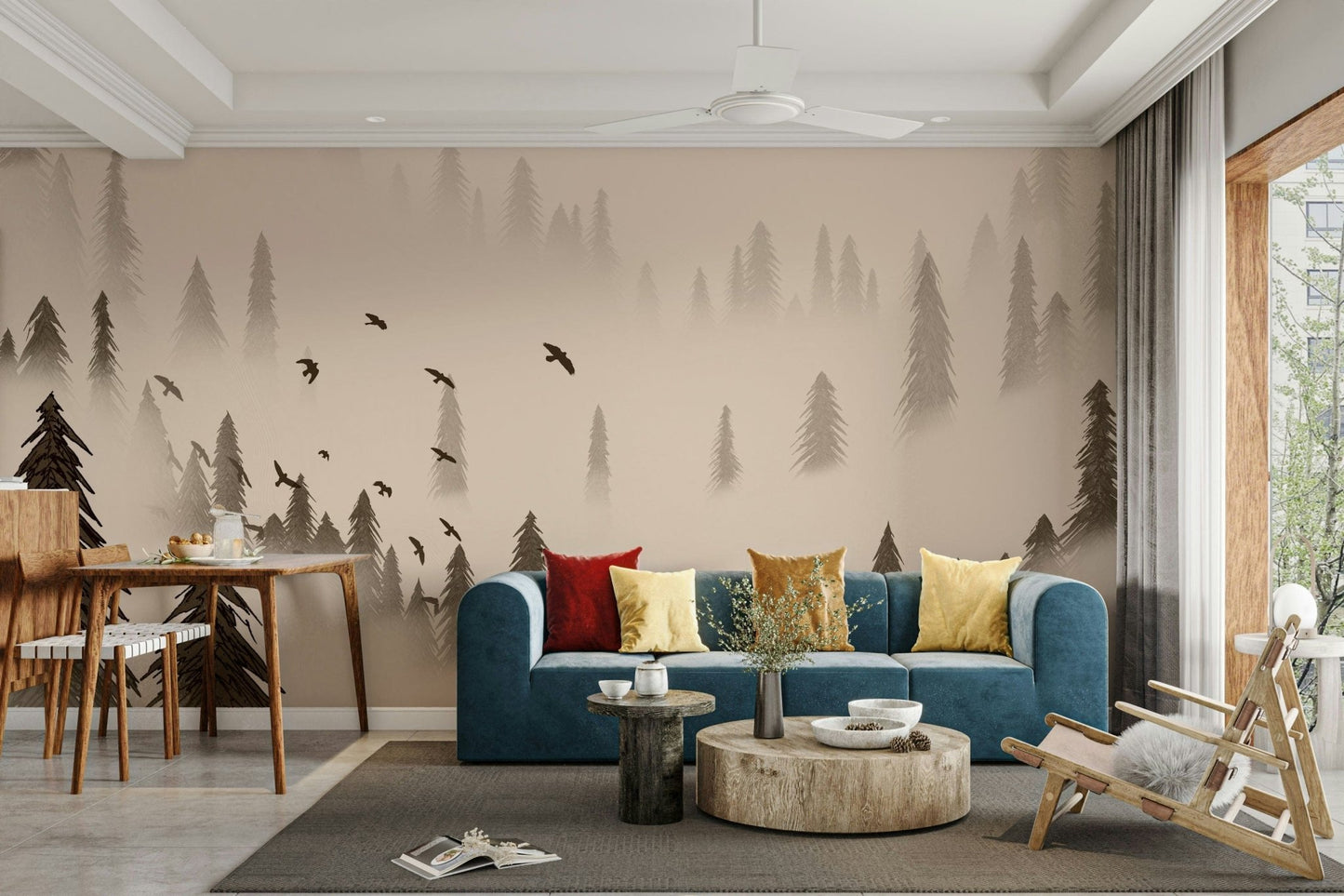 Northern forest wall mural in soft sepia