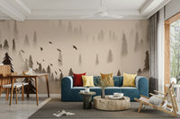 Northern forest wall mural in soft sepia