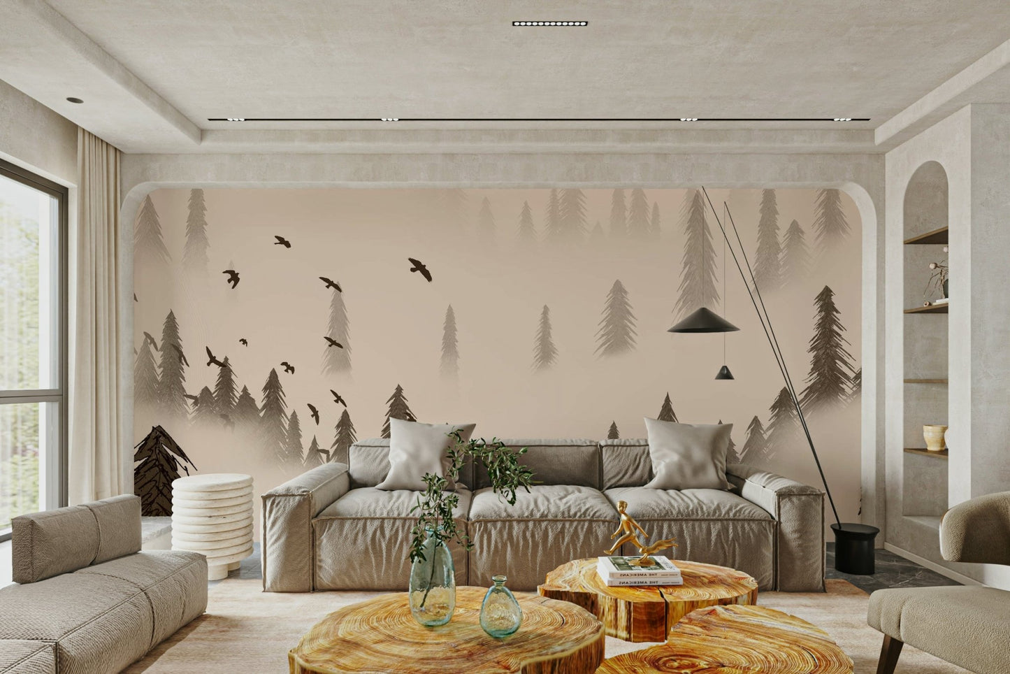 Sepia wall mural of misty northern pines