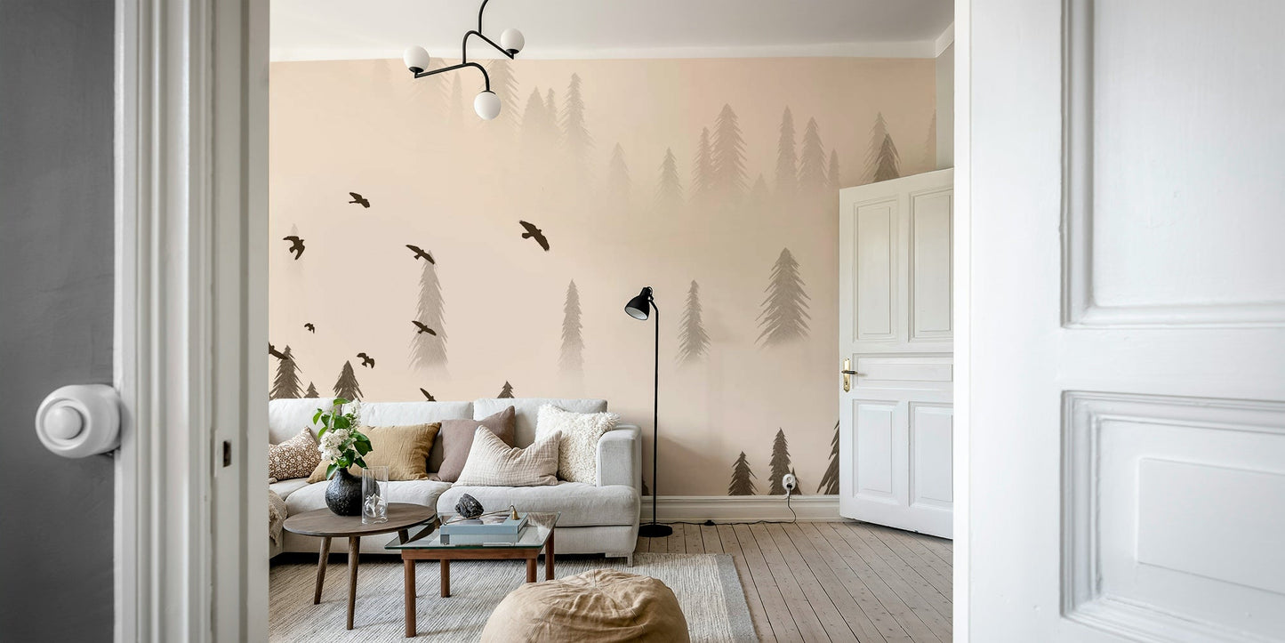 Serene forest wall mural in neutral sepia